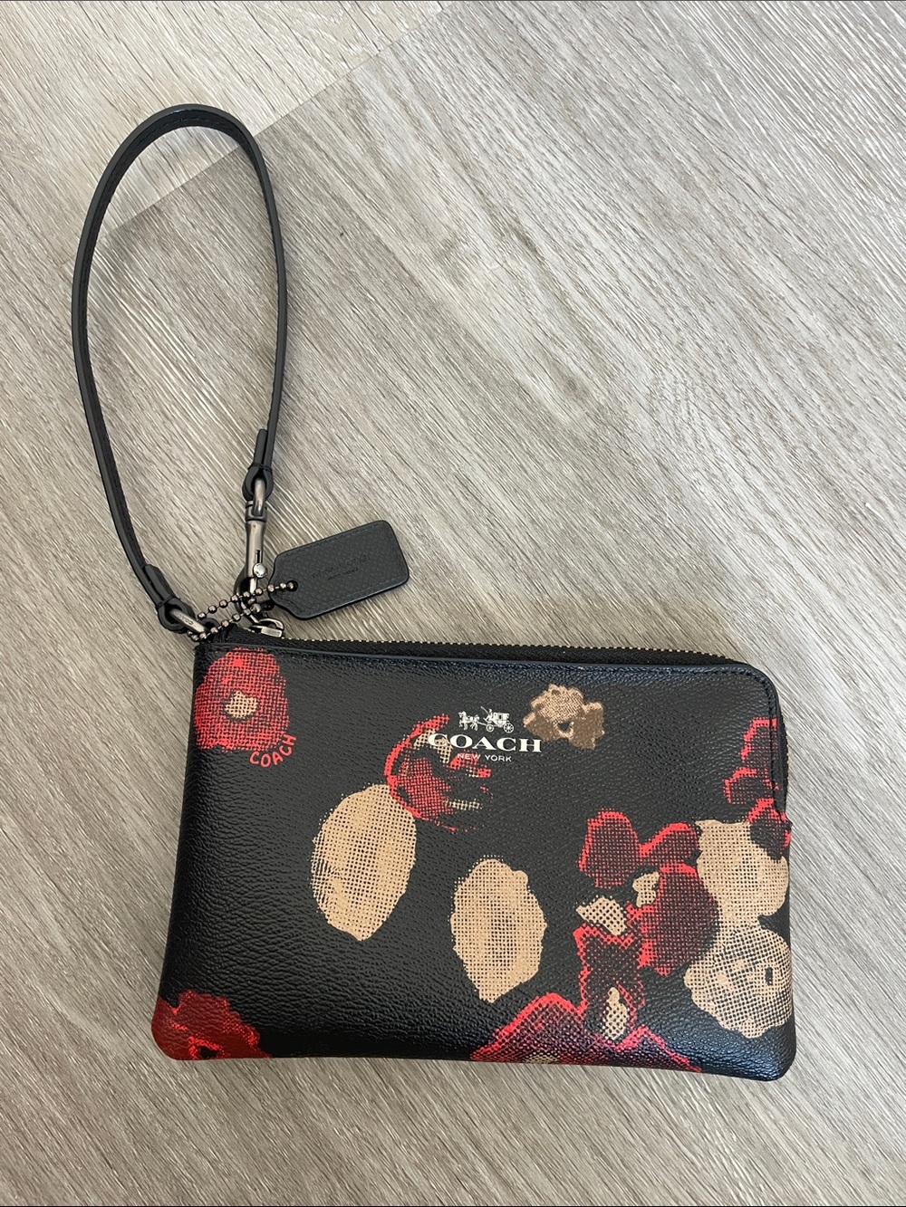 Coach Black Leather Floral Corner Zip